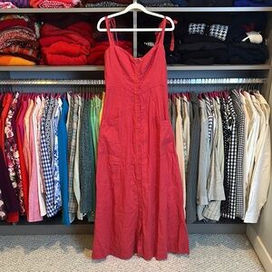 Honorine red 100% linen tie strap button front maxi dress size XS